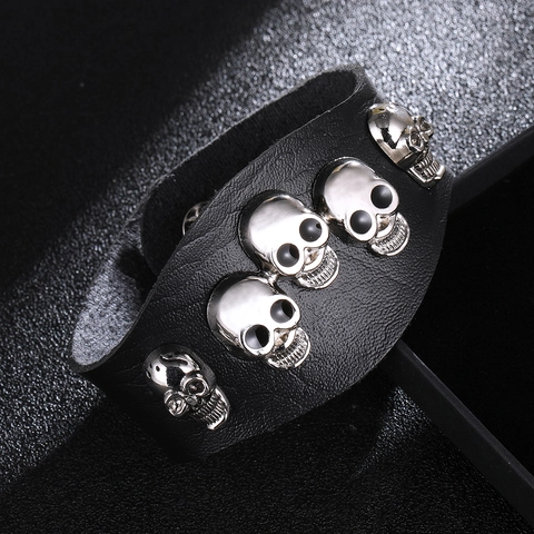 Punk Gothic Totenkopf Breites Lederarmband Legierung Metall Nieten Verstellbarer Druckknopfverschluss Unisex Hip Hop Rock Schmuck