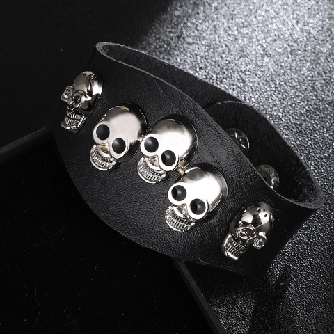 Punk Gothic Totenkopf Breites Lederarmband Legierung Metall Nieten Verstellbarer Druckknopfverschluss Unisex Hip Hop Rock Schmuck