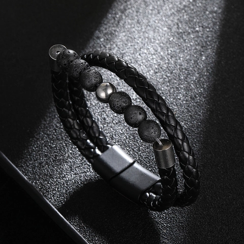 Herren Geflochtenes Lederarmband Mit Natürlichen Schwarzen Lavastein Perlen Edelstahl Magnetverschluss Punk Retro
