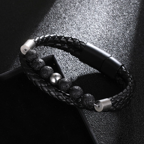 Herren Geflochtenes Lederarmband Mit Natürlichen Schwarzen Lavastein Perlen Edelstahl Magnetverschluss Punk Retro