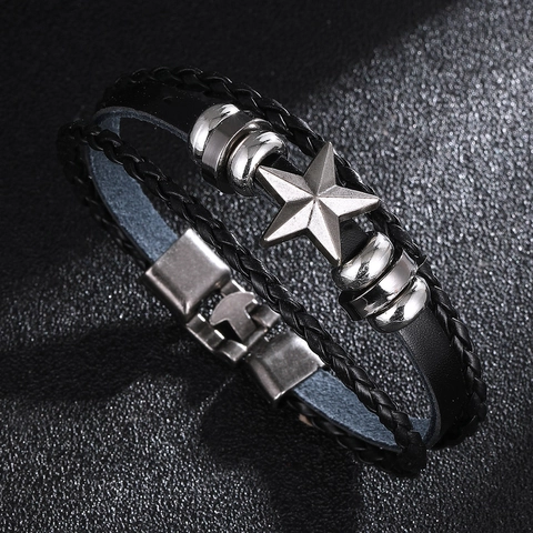 Bracelet En Cuir Tressé Pour Hommes Multi Couches Alliage Étoile À Cinq Branches Punk Rétro Mode Bijoux