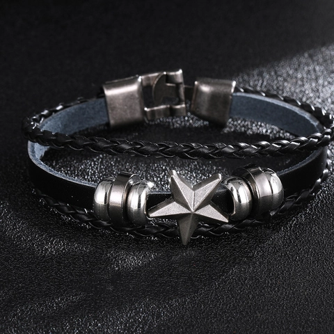 Bracelet En Cuir Tressé Pour Hommes Multi Couches Alliage Étoile À Cinq Branches Punk Rétro Mode Bijoux