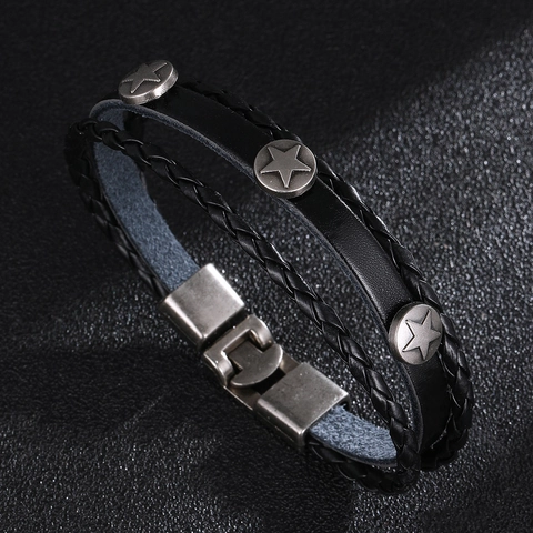 Vintage Punk Herren Leder Mehrschichtig Geflochten Armband Mit Legierung Stern Nieten Retro Schwarz Stern Schmuck Für Party