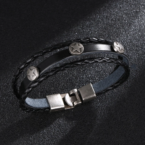Vintage Punk Herren Leder Mehrschichtig Geflochten Armband Mit Legierung Stern Nieten Retro Schwarz Stern Schmuck Für Party
