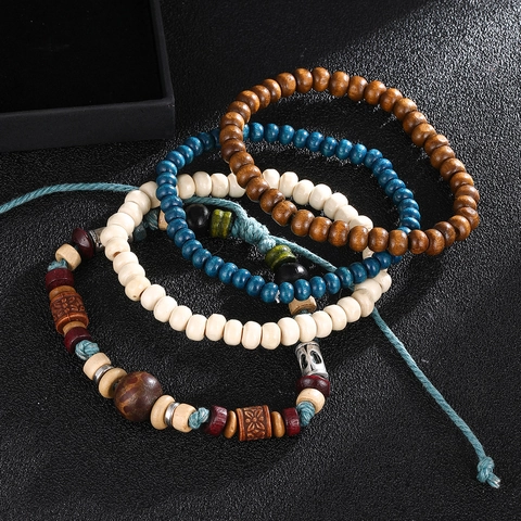 Vintage Ethnic Multilayer Beaded Bracelets For Men Wood Alloy Resin Bohemian Style Handmade Jewelry Accessoires