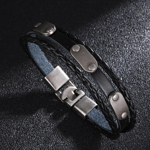 Leather Bracelet Alloy Retro Punk Multi Layer Woven Rivet Decor Wristband For Men Black Fashionable Jewelry Accessory