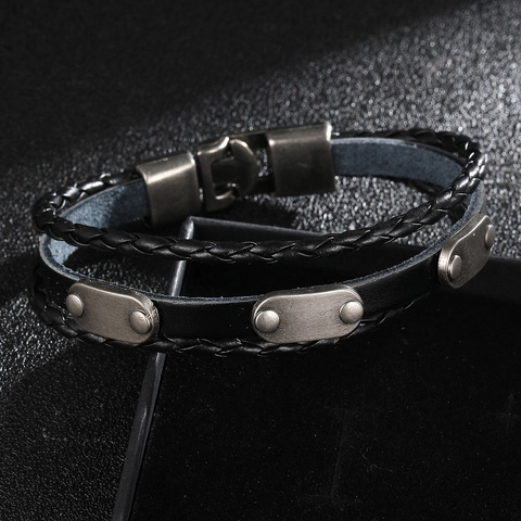 Leather Bracelet Alloy Retro Punk Multi Layer Woven Rivet Decor Wristband For Men Black Fashionable Jewelry Accessory