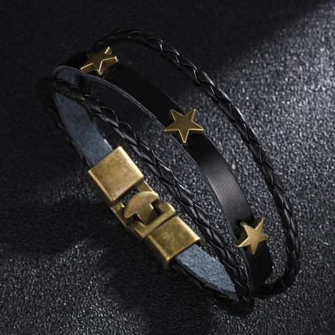 Herren Geflochtenes Lederarmband Mehrlagig Stern Metall Besetzt Punk Vintage Bronze Verschluss Schmuck