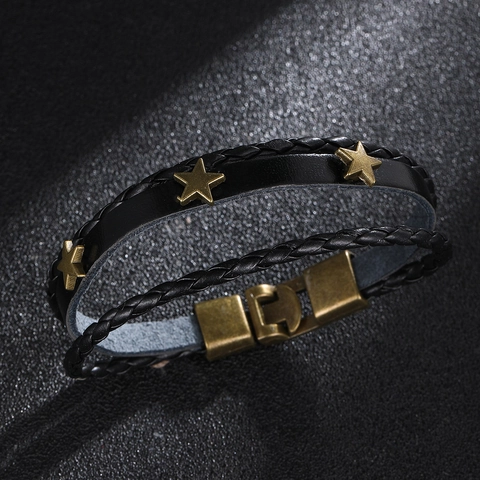 Herren Geflochtenes Lederarmband Mehrlagig Stern Metall Besetzt Punk Vintage Bronze Verschluss Schmuck