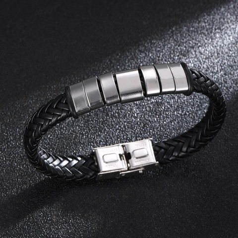 Herren Geflochtenes Lederarmband Mit Edelstahl Akzenten Mode Einfacher Lässiger Schmuck Schwarz Silber
