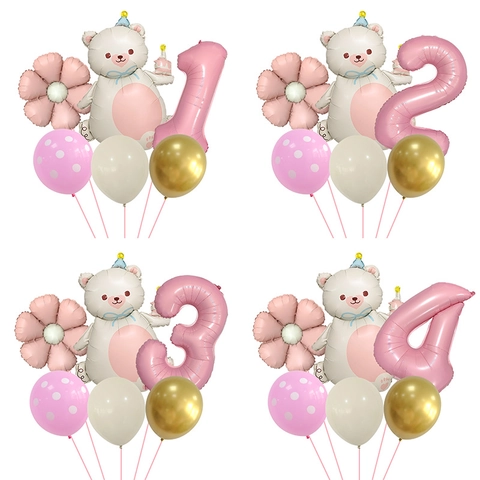 Cute Bear Daisy Aluminum Film Balloons Pink Matte Flower Number Balloon Kids Birthday Party Decor