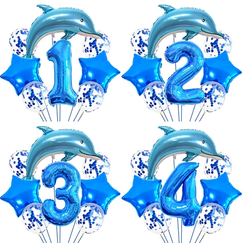 Juego de Globos de Fiesta de Cumpleaños Tema Océano Delfín Azul Papel de Aluminio Gran Número Estrella Confeti Globos de Látex Decoración Para Niños Fiesta Marina