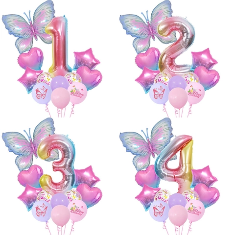 Palloncini Decorazione Festa Compleanno Farfalla Alluminio Lattice Sfumato Forme Stella Cuore Coriandoli Ragazze Celebrazione Decor