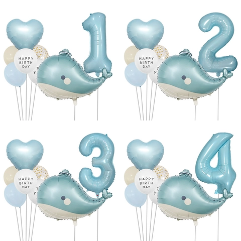 Ocean Dolphin Theme Birthday Balloon Set Blue Aluminum Foil Latex Number Heart Balloons For Kids Birthday Party Decoration