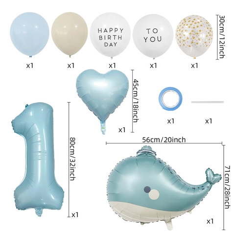 Ocean Dolphin Theme Birthday Balloon Set Blue Aluminum Foil Latex Number Heart Balloons For Kids Birthday Party Decoration