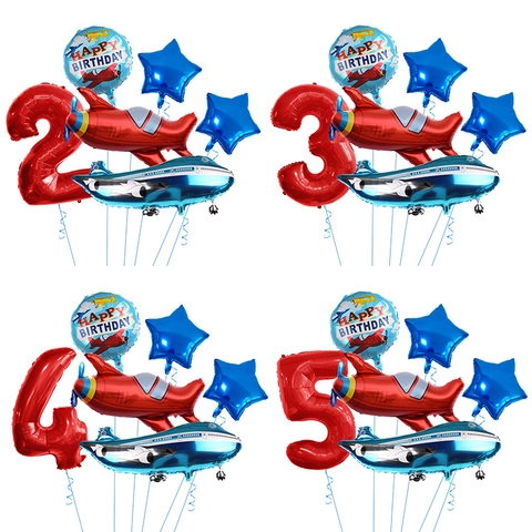 Airplane Theme Number Birthday Balloon Collection Aluminum Foil Cartoon Plane Star Balloons For Boys Kids Birthday Party Decoration Supplies