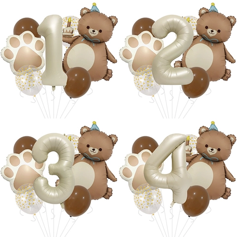 Palloncini Festa Di Compleanno Orso Caramello Alluminio Lattice Forme Numeriche Decorazione Crema Opaca Per Bambini