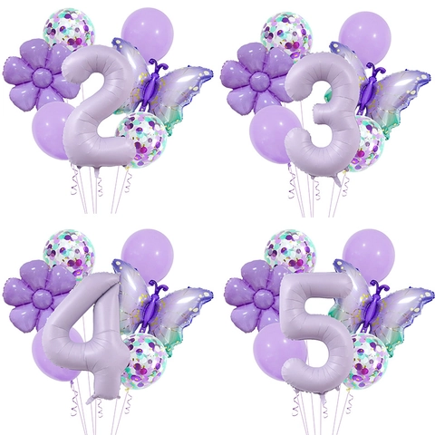 Lila Geburtstag Luftballon Kit Folie Latex Schmetterling Blume Nummer Formen Party Dekoration Mädchen