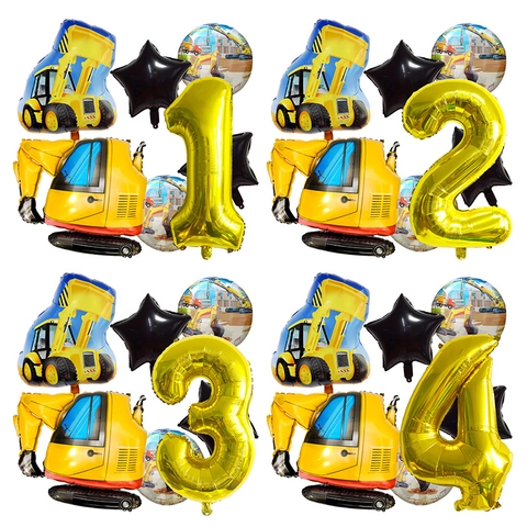 Baustellenfahrzeug Thema Geburtstag Party Dekoration Bagger Aluminiumfolie Luftballons Mit Goldener Zahl Und Stern Für Kinder