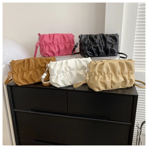 Ruched Cloud Shoulder Bag PU Leather Pleated Pouch Bag For Women Minimalist Versatile Solid Color Fashionable Niche