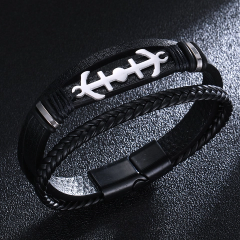 Bracciale Multistrato In Pelle Intrecciata Da Uomo Con Ciondolo Ancora In Acciaio Inossidabile Chiusura Magnetica Punk