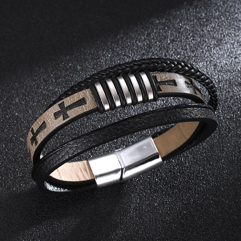 Bracciale In Pelle Multistrato Da Uomo Corda Intrecciata Motivo A Croce Chiusura Magnetica Gioielli Moda Retro Punk