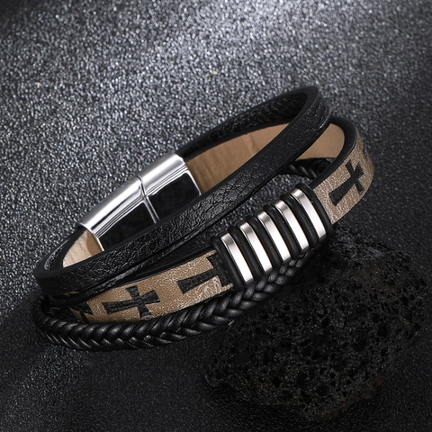 Bracciale In Pelle Multistrato Da Uomo Corda Intrecciata Motivo A Croce Chiusura Magnetica Gioielli Moda Retro Punk