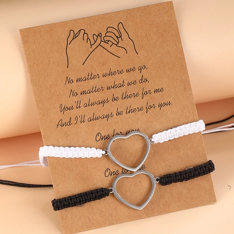 Woven Rope Bracelets With Stainless Steel Heart Charm Adjustable Handmade Jewelry For Couples And Best Friends Black And White