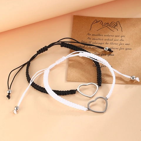 Woven Rope Bracelets With Stainless Steel Heart Charm Adjustable Handmade Jewelry For Couples And Best Friends Black And White