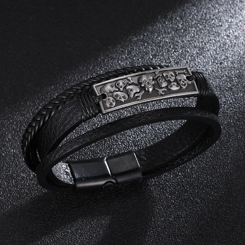 Pulsera De Cuero Para Hombre Trenzada Multicapa Placa De Calavera De Metal Cierre Magnético Punk Rock Hip Hop Joyería Negro
