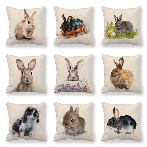 Easter Bunny Linen Pillowcase Decorative Watercolor Rabbit Flower Cushion Cover For Living Room Home Sofa Decor