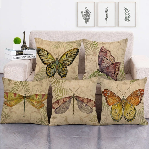 Vintage Vlinder Libelle Linnen Kussenhoes Botanische Varen Print Retro Huis Bank Vierkante Decoratieve Kussensloop