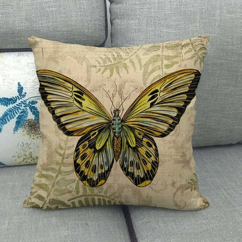 Vintage Vlinder Libelle Linnen Kussenhoes Botanische Varen Print Retro Huis Bank Vierkante Decoratieve Kussensloop