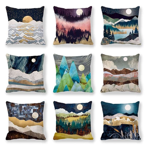 Decoratieve Kussensloop Abstract Landschap Berg Zon Maan Perzikhuid Fluweel Modern Artistiek Noords Stijl Sofa Kussenhoes