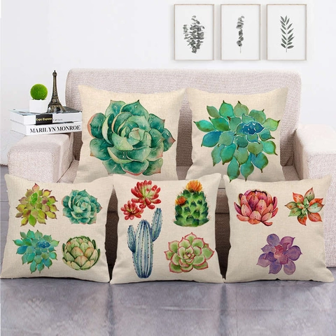 Cartoon Succulent Cactus Pattern Linen Cushion Cover Decorative Watercolor Plant Pillowcase For Sofa Living Room Home Decor