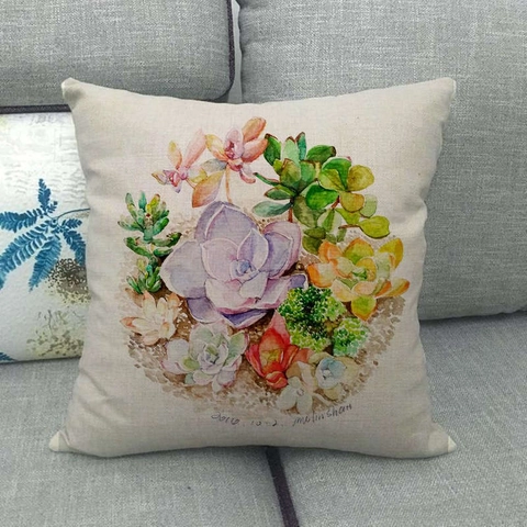Cartoon Succulent Cactus Pattern Linen Cushion Cover Decorative Watercolor Plant Pillowcase For Sofa Living Room Home Decor