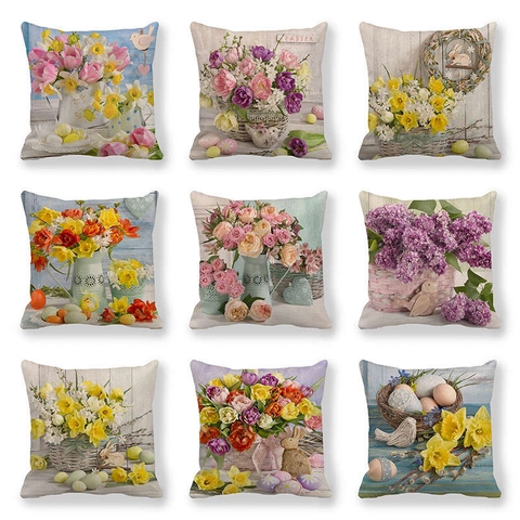Fodera per Cuscino di Pasqua in Lino Decorazione Primaverile Coniglio Uova Motivi Floreali per Soggiorno Casa Arredamento
