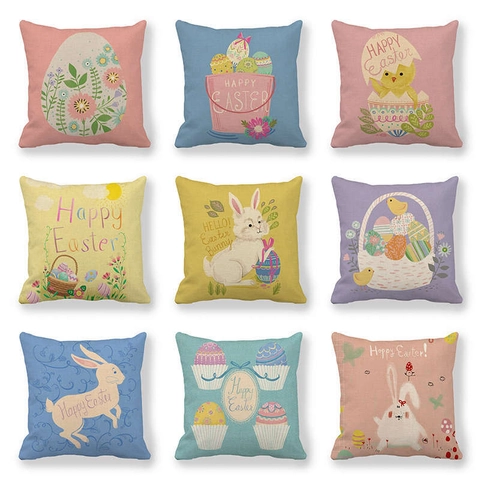 Funda De Almohada De Pascua Lino Funda De Cojín Decoración Navideña Conejo Huevo Pollito Cuadrado Primavera Hogar Decorativo Sofá