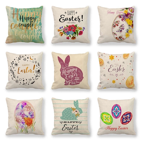 Funda de Almohada de Lino de Pascua Patrón de Conejo Huevo Flores Funda de Cojín Decorativa para Decoración de Sofá de Sala de Estar de Casa Sin Relleno