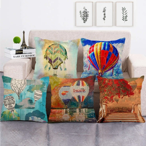 Heißluftballon Muster Leinen Dekorativer Kissenbezug Für Sofa Wohnzimmer Vintage Digitaldruck Quadratischer Kissenbezug Ohne Füllung