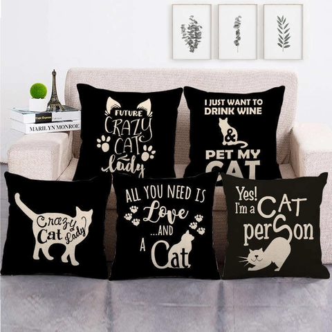 Schwarzer Leinen Kissenbezug Katze Silhouette Zitat Muster Dekorativer Quadratischer Kissenbezug Für Sofa Wohnzimmer