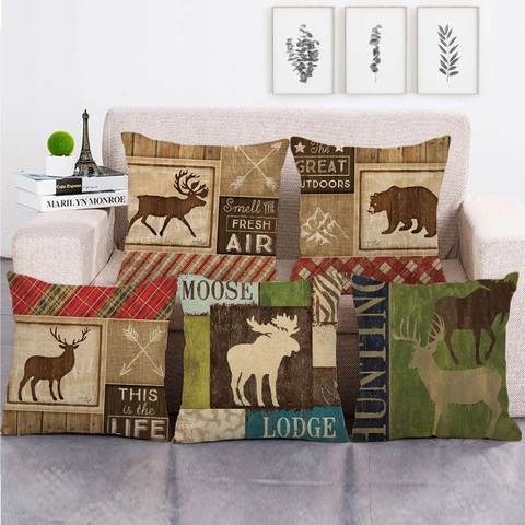 Retro Amerikanisches Landhaus Leinen Kissenbezug Hirsch Bär Wald Muster Dekorative Kissenhülle Für Heim Sofa Weihnachten