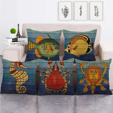Fodera Per Cuscino Vintage Vita Marina Oceano Creature Marine Lino Copricuscino Per Divano Casa Ufficio