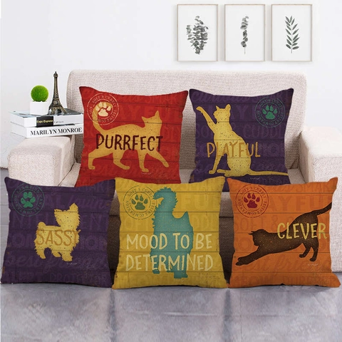 American Vintage Linen Decorative Throw Pillow Cover Cartoon Cat Dog Animal Silhouette Slogan Print Square Cushion Case