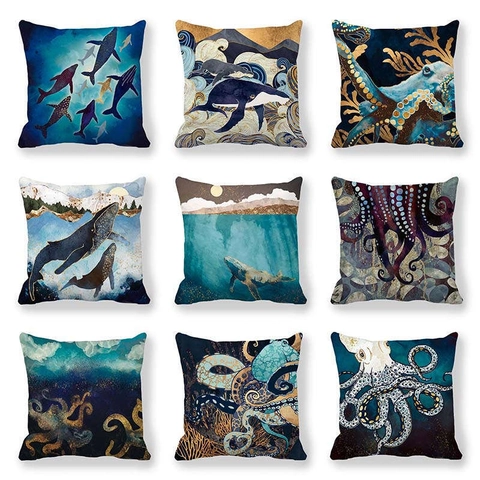 Artistieke Oceaan Serie Kussensloop Perzikhuid Stof Walvis Octopus Patroon Decoratieve Kussenhoes Voor Sofa Home Decor