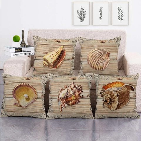Schelp Wulk Print Kussenhoezen Linnen Nautische Strandstijl Sofa Decoratieve Retro Houtnerf Huisdecoratie