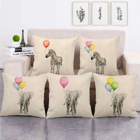 Funda de Cojín de Lino Nórdico Moderno Animal Cebra Elefante Con Globo de Corazón Funda de Almohada Decorativa para Sofá Hogar