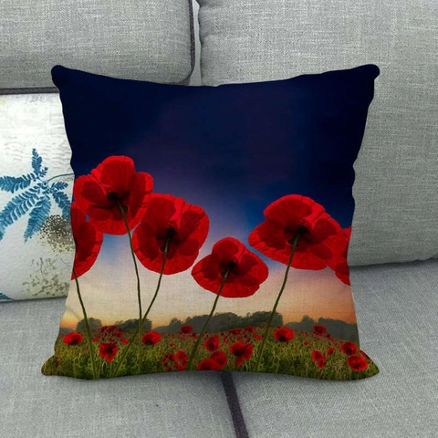 Funda de Cojín de Lino con Estampado Floral Funda de Almohada Cuadrada Decorativa Para Sofá Decoración del Hogar Patrón de Amapola Roja Estilo Acuarela