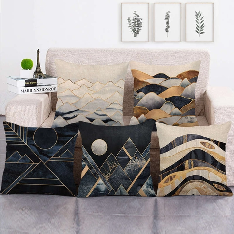 Abstract Marble Landscape Cushion Cover Linen Cotton Decorative Mountain Sun Moon Geometric Square Pillowcase Home Sofa