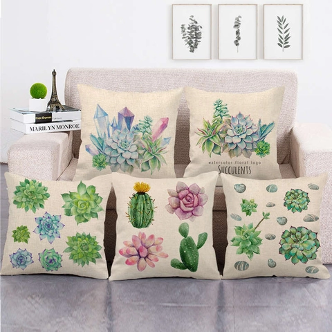 Succulent Cactus Pattern Linen Cushion Cover Watercolor Plant Pillowcase For Sofa Home Decor Modern Nordic Decorative Square Throw Pillowcase